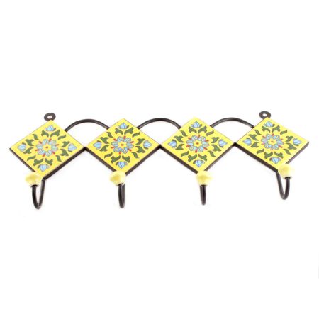 Yellow And Turquoise Tiny Floral Ceramic Tiles Hooks